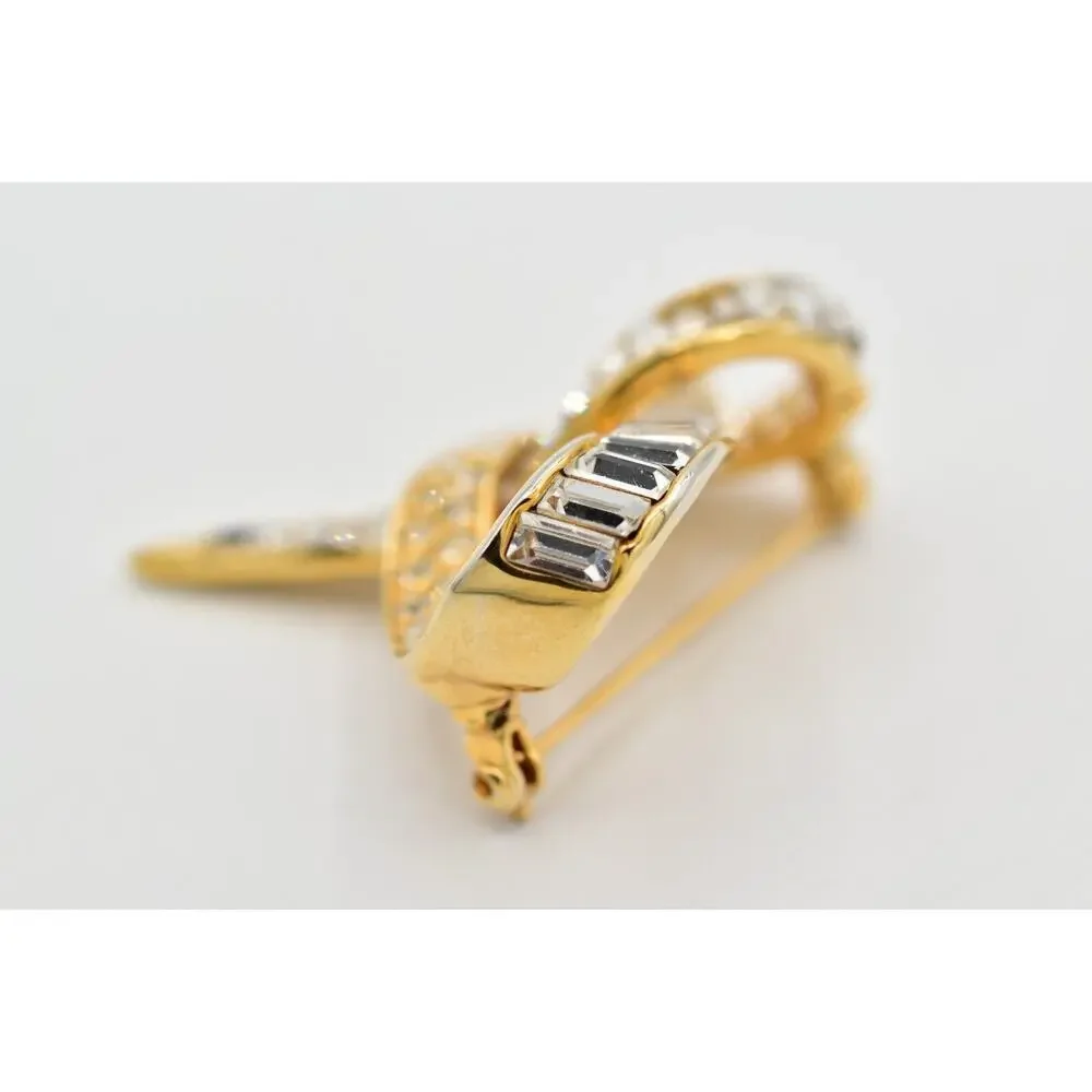 Vintage Crystal Pretzel Knot Pin Brooch Baguette Rhinestone Gold Tone 1980s 9B